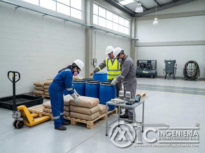Almacenamiento seguro de abrasivo de sandblasting en Bogotá, Colombia. Montajes, Ingeniería y Construcción. MIC SAS.
