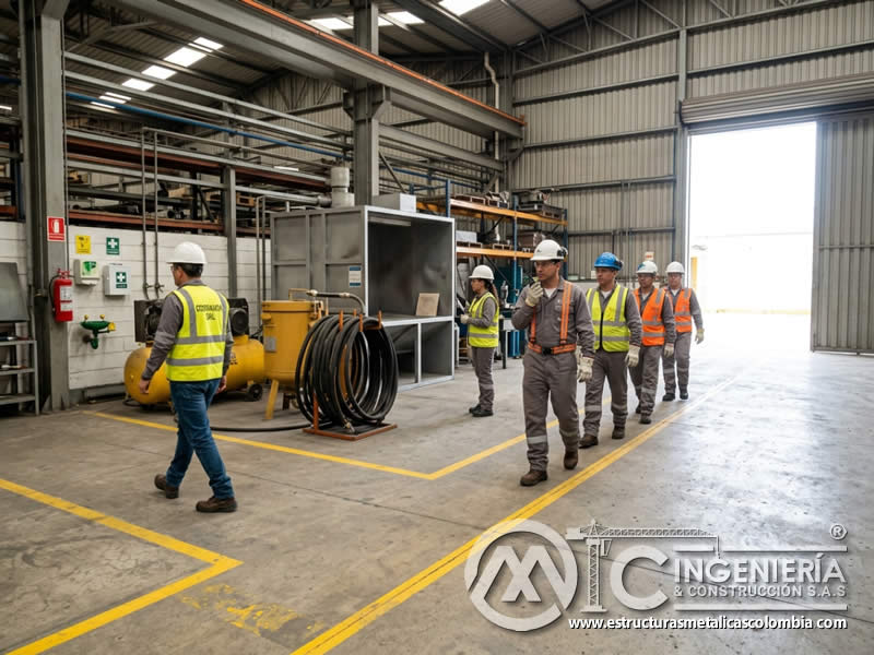 Simulacro de evacuación segura de sandblasting en Bogotá, Colombia. Montajes, Ingeniería y Construcción. MIC SAS.