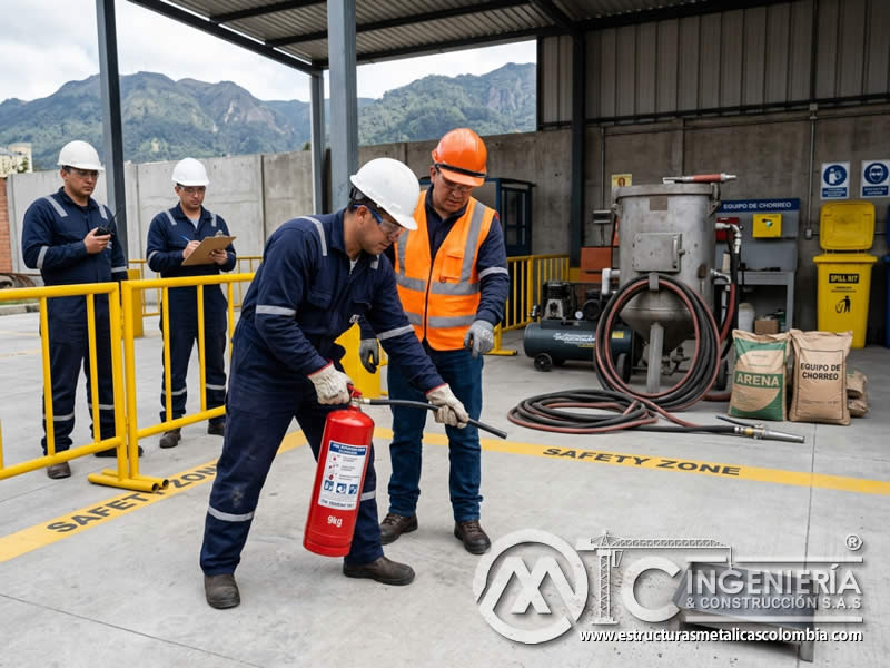 Certificación de emergencia con extintor en sandblasting en Bogotá, Colombia. Montajes, Ingeniería y Construcción. MIC SAS.
