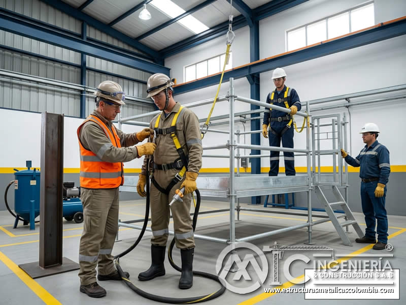 Seguridad para sandblasting en trabajo en alturas en Bogotá, Colombia. Montajes, Ingeniería y Construcción. MIC SAS.