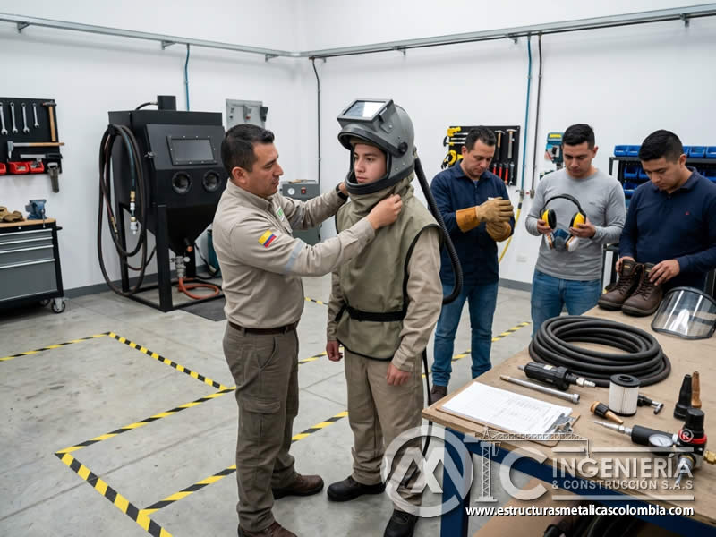 Práctica de EPP en taller de sandblasting en Bogotá, Colombia. Montajes, Ingeniería y Construcción. MIC SAS.