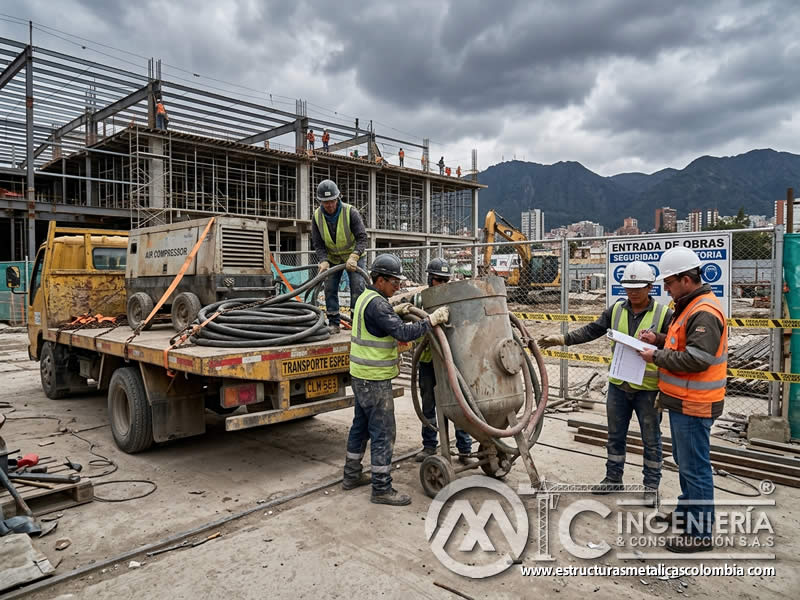Transporte de equipo de sandblasting y entrega en obra en Bogotá, Colombia. Montajes, Ingeniería y Construcción. MIC SAS.