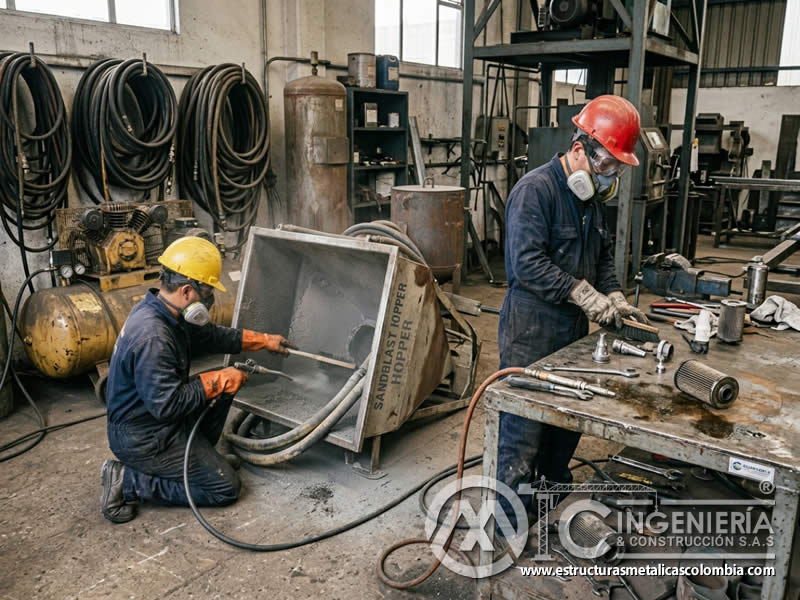 Limpieza de tolva y mangueras de sandblasting en Bogotá, Colombia. Montajes, Ingeniería y Construcción. MIC SAS.