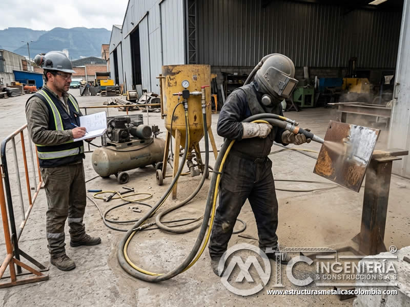 Pruebas de funcionamiento de equipo de sandblasting en Bogotá, Colombia. Montajes, Ingeniería y Construcción. MIC SAS.