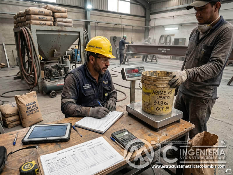 Registro de consumo de abrasivos en sandblasting en Bogotá, Colombia. Montajes, Ingeniería y Construcción. MIC SAS.