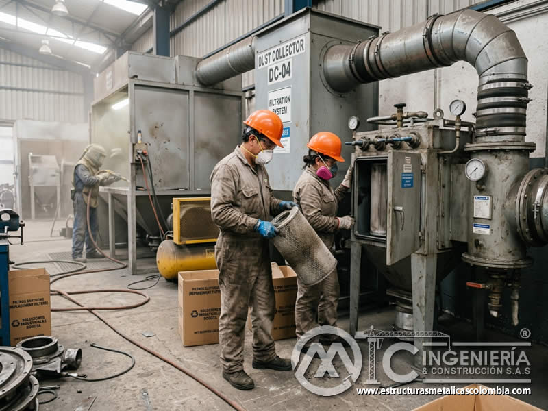 Filtración de aire en sandblasting con cartuchos y HEPA en Bogotá, Colombia. Montajes, Ingeniería y Construcción. MIC SAS.