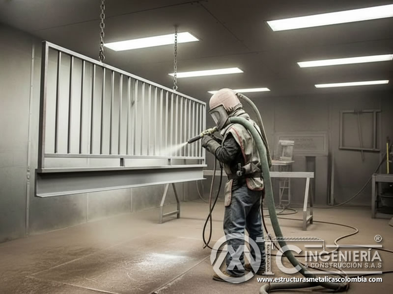 Arenado de estructura metálica colgada en cabina de chorro de arena en Bogotá, Colombia. Montajes, Ingeniería y Construcción. MIC SAS.