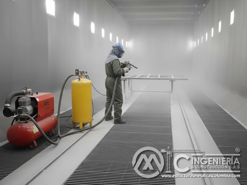 Cabina de arenado con compresor portátil y recuperación de abrasivo en Bogotá, Colombia. Montajes, Ingeniería y Construcción. MIC SAS.