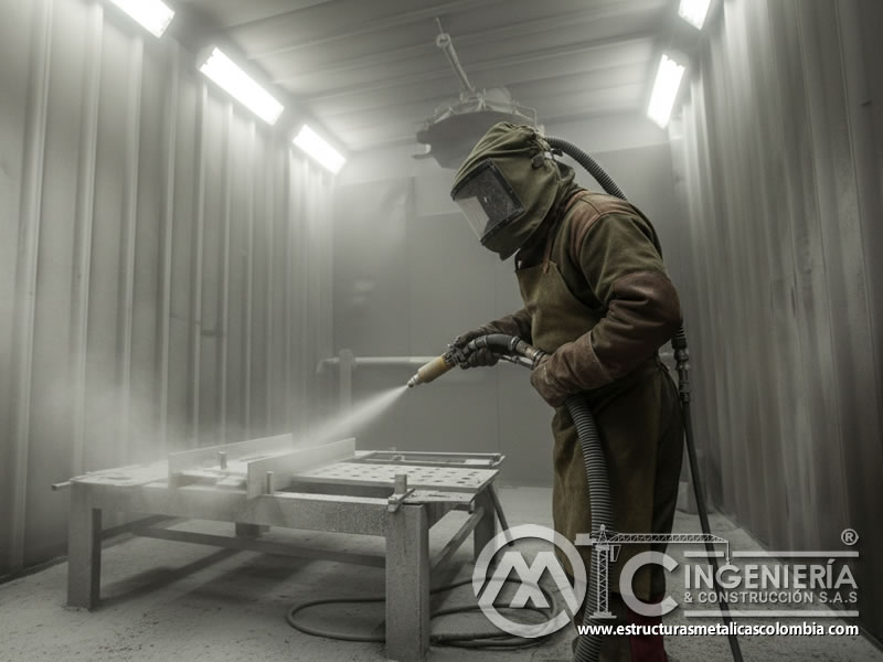 Cabina de arenado con residuos de polvo y presión de trabajo en Bogotá, Colombia. Montajes, Ingeniería y Construcción. MIC SAS.