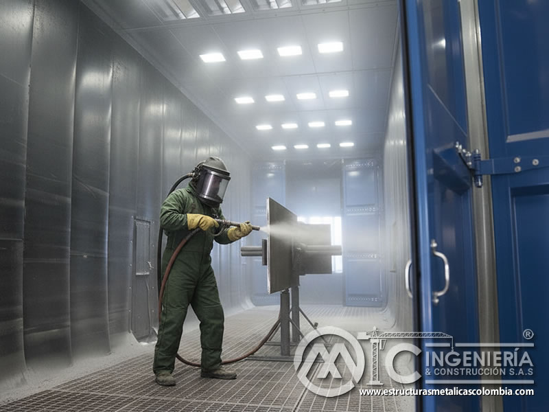 Cabina de sandblasting con puerta metálica y operario con EPP en Bogotá, Colombia. Montajes, Ingeniería y Construcción. MIC SAS.