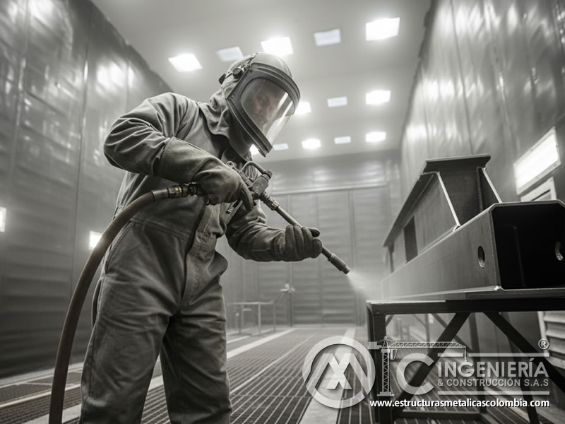Chorro abrasivo sobre perfiles de acero en cabina de sandblasting en Bogotá, Colombia. Montajes, Ingeniería y Construcción. MIC SAS.