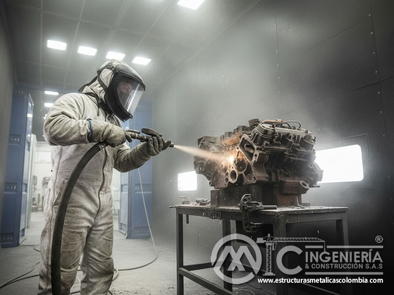 Limpieza de motor con chorro abrasivo en cabina de sandblasting en Bogotá, Colombia. Montajes, Ingeniería y Construcción. MIC SAS.