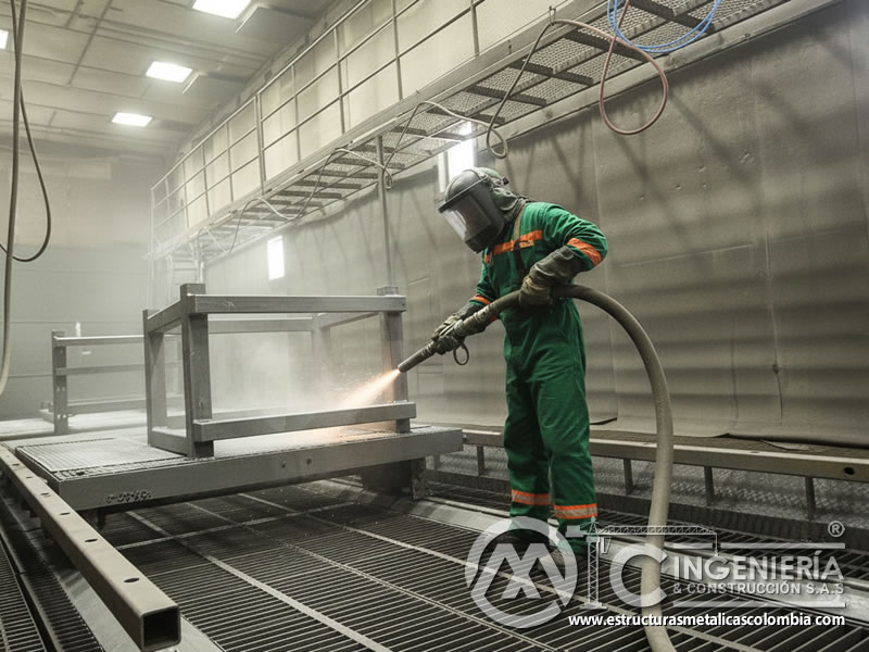 Samblasteo de rejilla metálica en cabina industrial grande en Bogotá, Colombia. Montajes, Ingeniería y Construcción. MIC SAS.