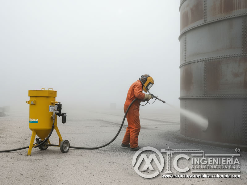 Arenado de tanques metálicos con compresor de aire portátil en Bogotá, Colombia. Montajes, Ingeniería y Construcción. MIC SAS.
