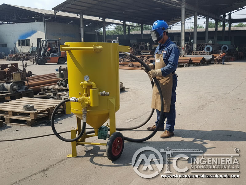 Arenado industrial con equipo portátil y compresor de aire en Bogotá, Colombia. Montajes, Ingeniería y Construcción. MIC SAS.