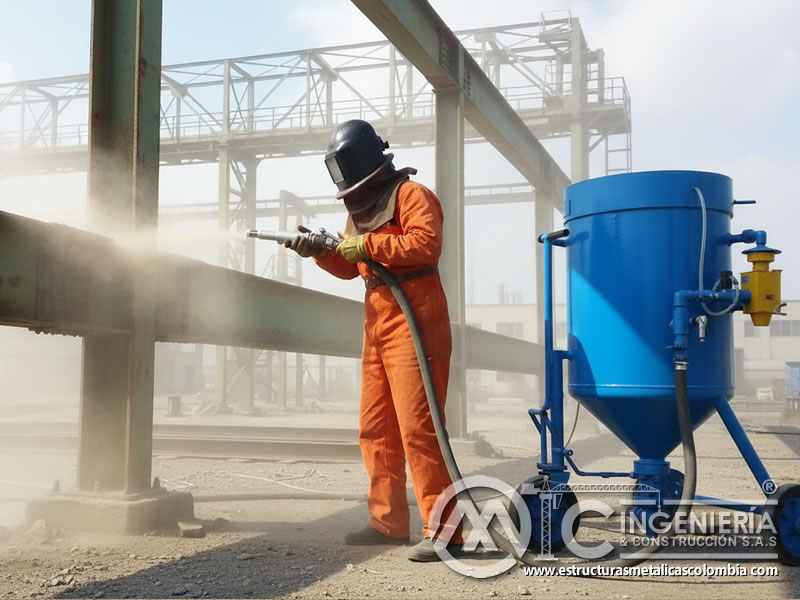 Chorreado de arena en la preparación de superficies metálicas en Bogotá, Colombia. Montajes, Ingeniería y Construcción. MIC SAS.
