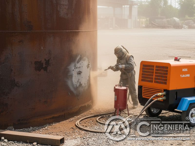 Chorro de arena para la limpieza de tanques metálicos en Bogotá, Colombia. Montajes, Ingeniería y Construcción. MIC SAS.
