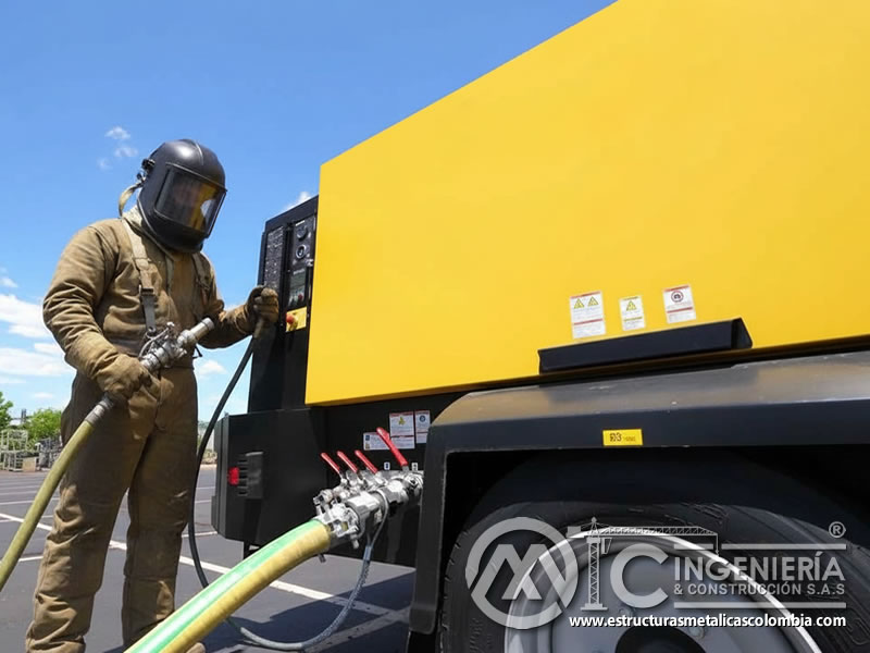 Compresor de aire portátil con alta capacidad CFM para samblasteo en Bogotá, Colombia. Montajes, Ingeniería y Construcción. MIC SAS.