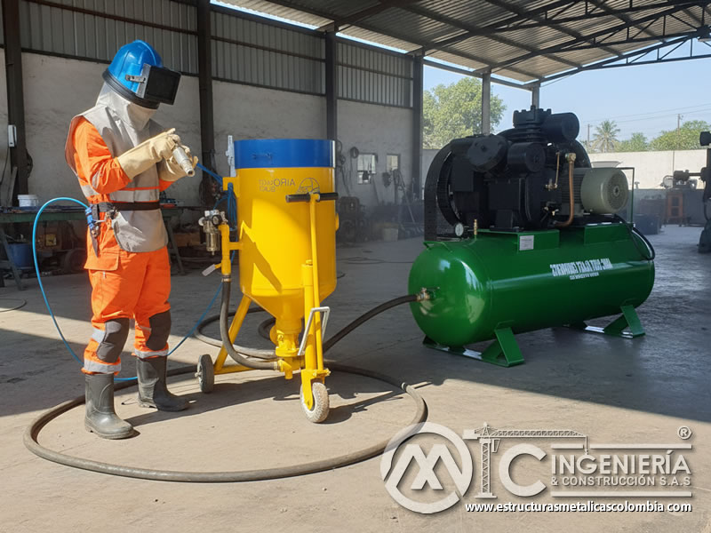 Compresor de pistón con tanque de aire para el samblasteo industrial en Bogotá, Colombia. Montajes, Ingeniería y Construcción. MIC SAS.
