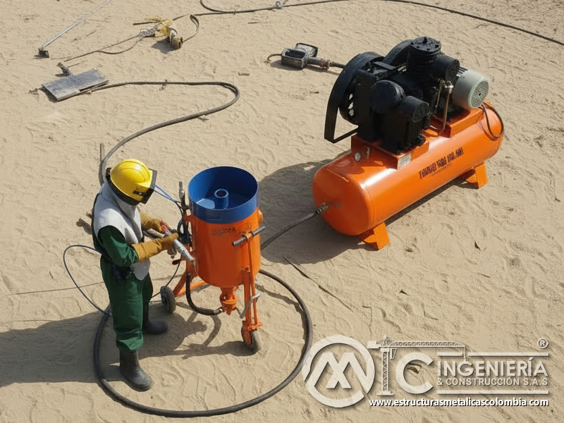 Compresor de pistón portátil con aire comprimido para el arenado industrial en Bogotá, Colombia. Montajes, Ingeniería y Construcción. MIC SAS.