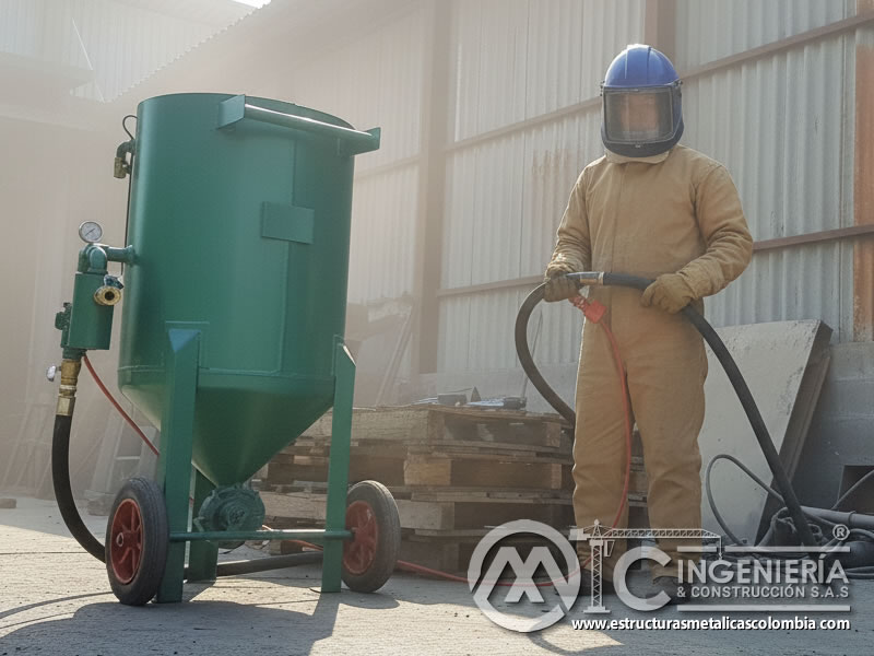 Equipo de sandblasting con compresor de aire para limpieza industrial en Bogotá, Colombia. Montajes, Ingeniería y Construcción. MIC SAS.