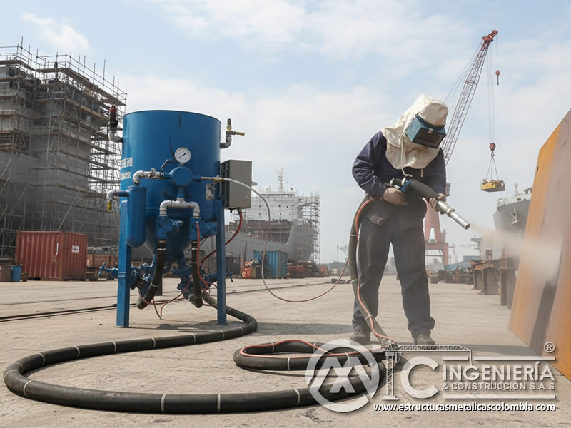 Granallado con granalla de acero para la limpieza de metales en Bogotá, Colombia. Montajes, Ingeniería y Construcción. MIC SAS.