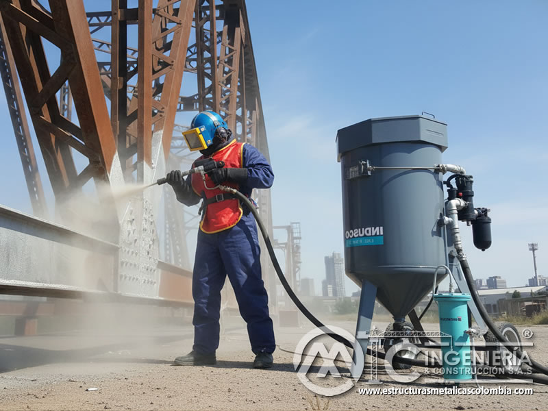 Limpieza industrial con granalla en estructuras metálicas en Bogotá, Colombia. Montajes, Ingeniería y Construcción. MIC SAS.