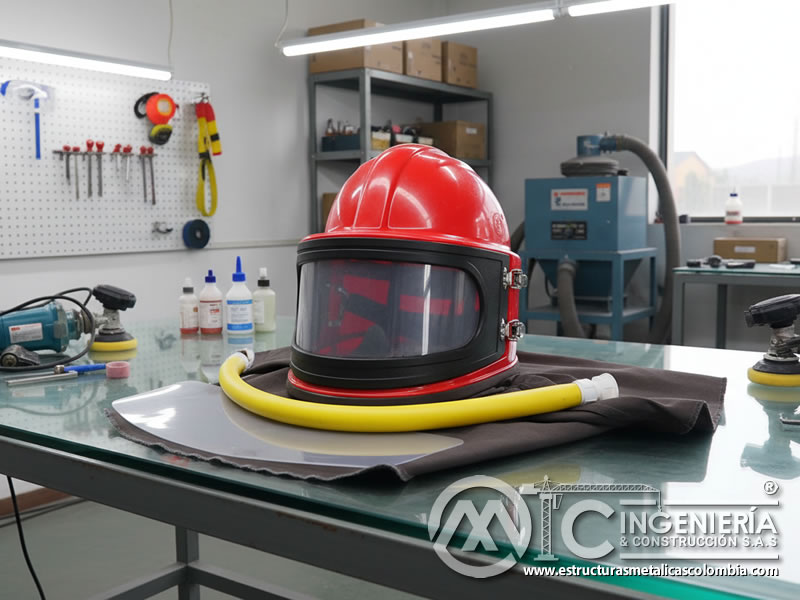 Casco con visera y manguera de suministro de aire para el arenado en Bogotá, Colombia. Montajes, Ingeniería y Construcción. MIC SAS.