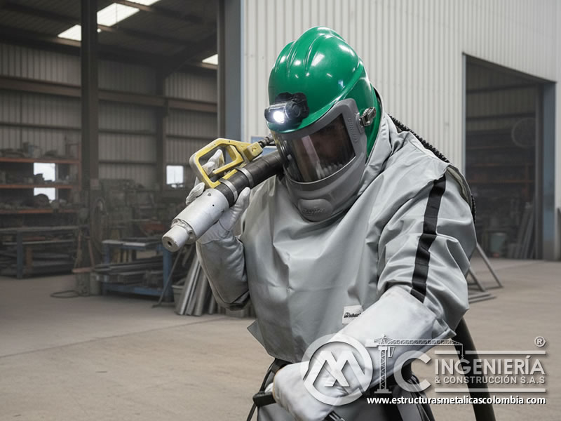 Casco facial y traje de protección para el sandblasting en Bogotá, Colombia. Montajes, Ingeniería y Construcción. MIC SAS.