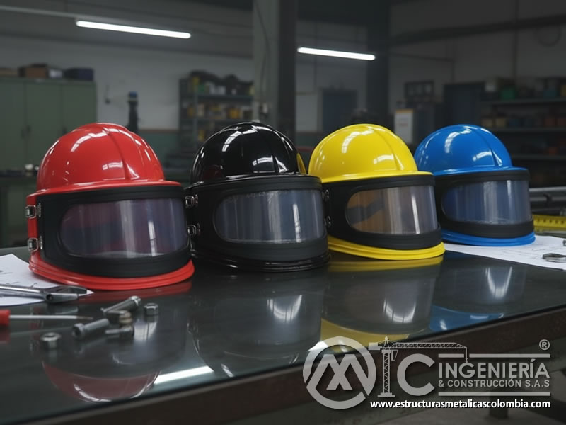 Cascos con pantalla facial para el samblasteo en diferentes colores en Bogotá, Colombia. Montajes, Ingeniería y Construcción. MIC SAS.