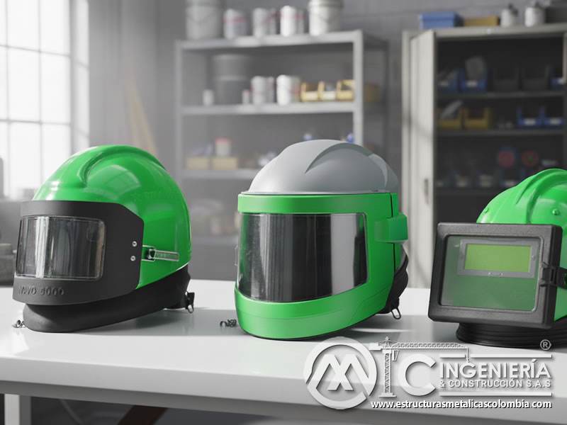 Cascos con visores de policarbonato para el sandblasting en Bogotá, Colombia. Montajes, Ingeniería y Construcción. MIC SAS.