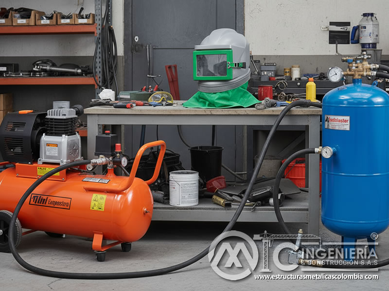 Equipo de sandblasting con EPP, casco y compresor de aire en Bogotá, Colombia. Montajes, Ingeniería y Construcción. MIC SAS.
