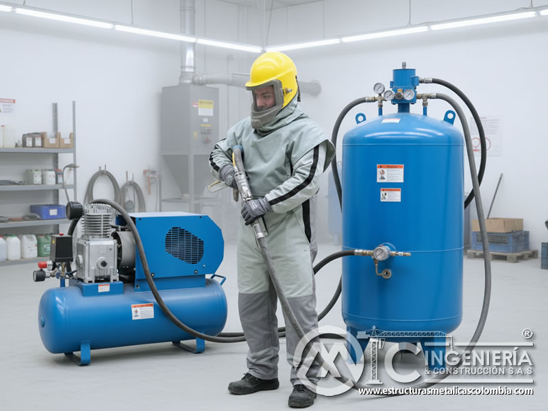 Operario con casco amarillo y traje de protección para el arenado en Bogotá, Colombia. Montajes, Ingeniería y Construcción. MIC SAS.