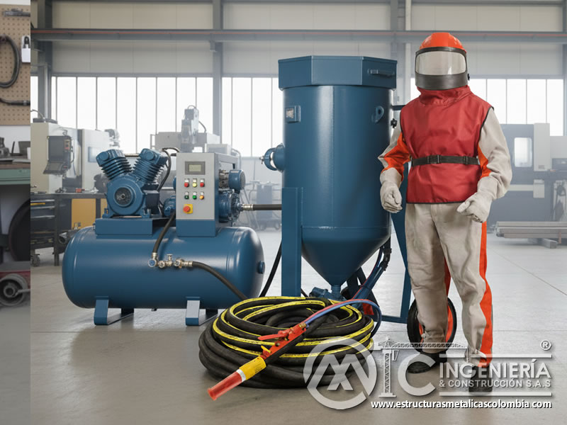 Operario con EPP y casco rojo junto a equipo de limpieza industrial en Bogotá, Colombia. Montajes, Ingeniería y Construcción. MIC SAS.