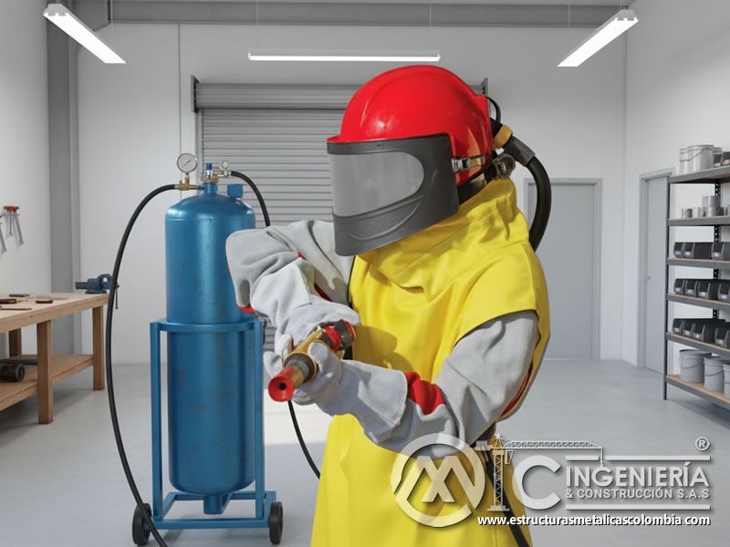 Operario con traje amarillo y casco rojo para el samblasteo en Bogotá, Colombia. Montajes, Ingeniería y Construcción. MIC SAS.