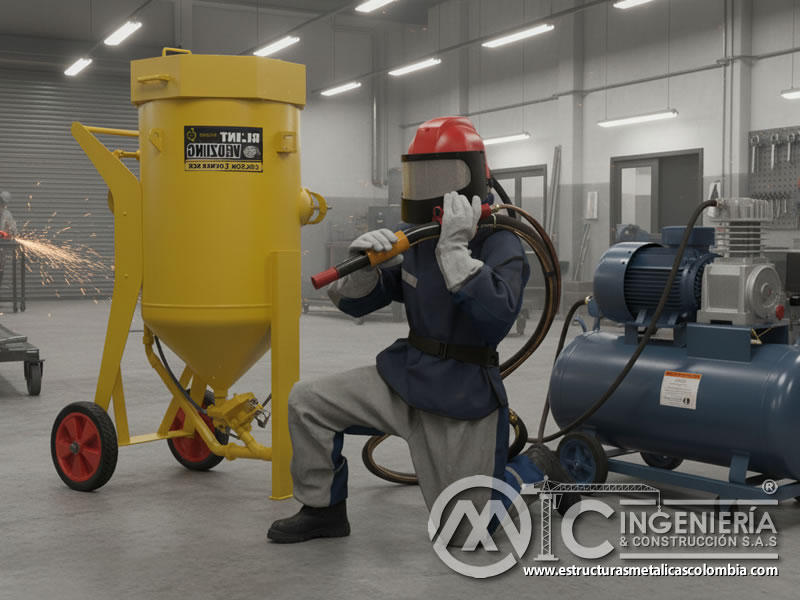 Operario con traje azul y casco en el samblasteo con equipo en Bogotá, Colombia. Montajes, Ingeniería y Construcción. MIC SAS.