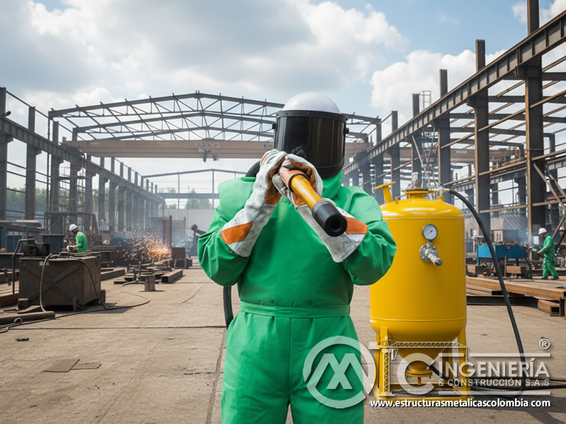 Operario con traje de una pieza y casco en el chorreado abrasivo en Bogotá, Colombia. Montajes, Ingeniería y Construcción. MIC SAS.