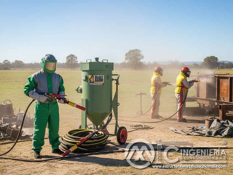 Operarios con traje de protección para el chorro de arena en Bogotá, Colombia. Montajes, Ingeniería y Construcción. MIC SAS.