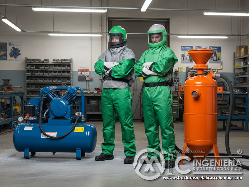 Operarios con trajes de protección para el chorro de arena en Bogotá, Colombia. Montajes, Ingeniería y Construcción. MIC SAS.