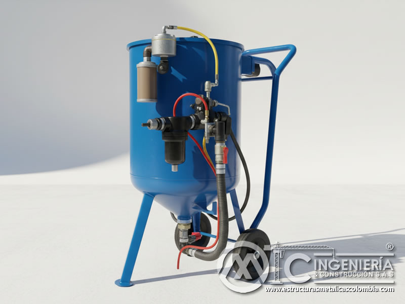 Equipo azul de chorro de arena con filtros y control de humedad para sandblasting en Bogotá, Colombia. MIC SAS.