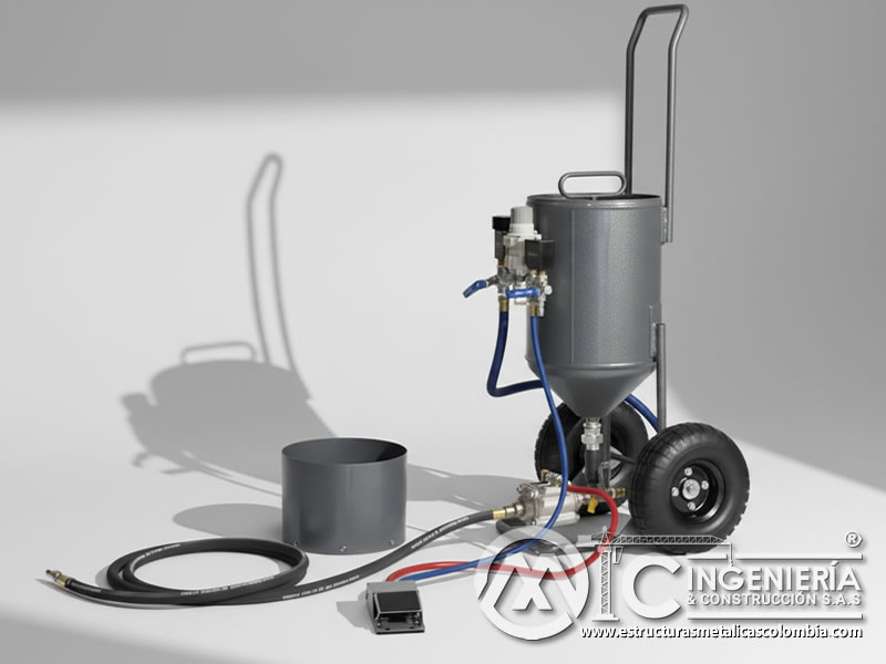 Equipo portátil de sandblasting con mangueras y válvulas de presión en Bogotá, Colombia. Montajes, Ingeniería y Construcción. MIC SAS.