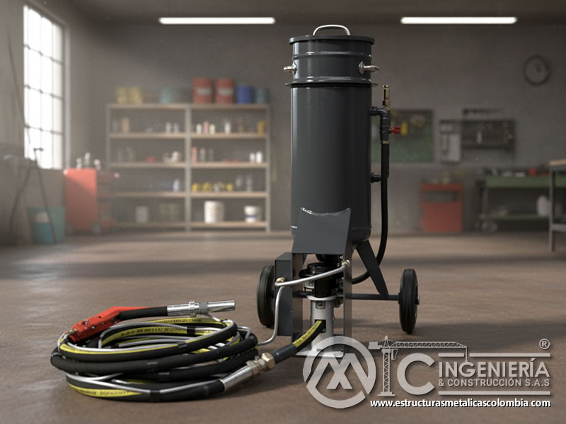 Máquina de chorro de arena portátil con regulador de presión en Bogotá, Colombia. Montajes, Ingeniería y Construcción. MIC SAS.
