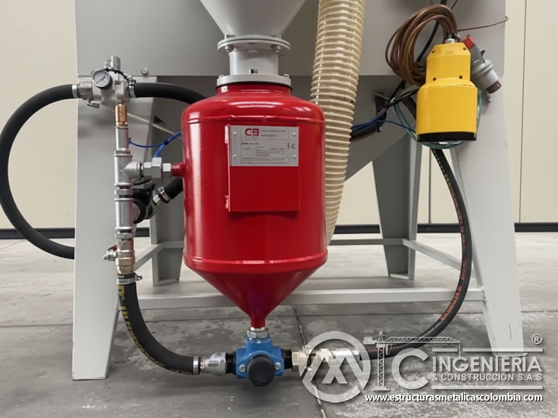 Tanque de abrasivo con mangueras y presión para samblasteo en Bogotá, Colombia. Montajes, Ingeniería y Construcción. MIC SAS.