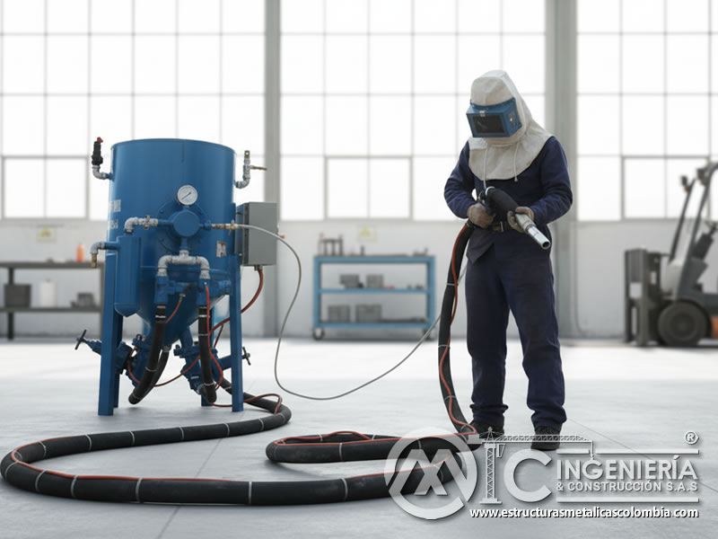 Trabajador con EPP realizando samblasteo con tanque de presión en Bogotá, Colombia. Montajes, Ingeniería y Construcción. MIC SAS.