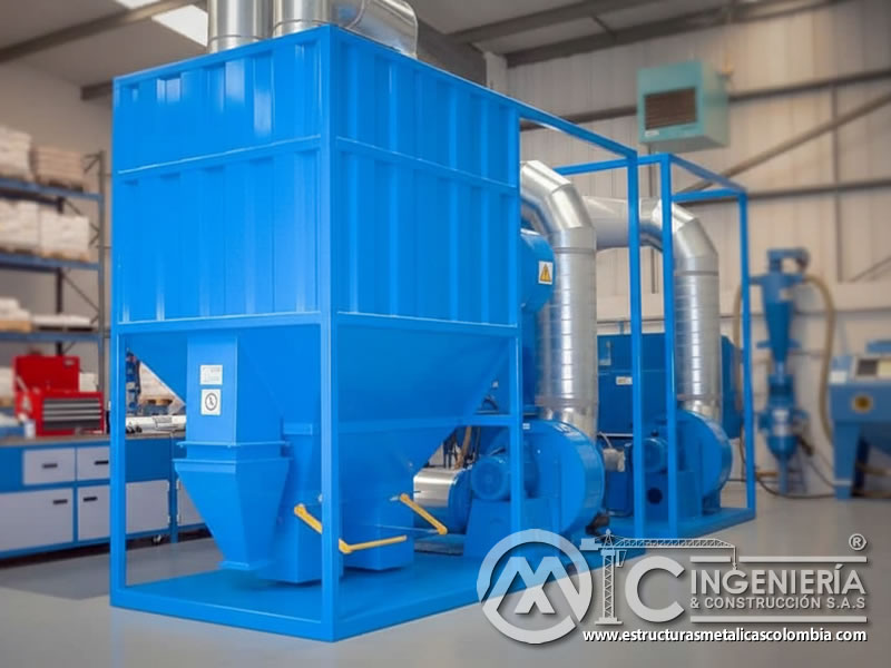 Colector de polvo con ventilador centrífugo y ductos de acero en Bogotá, Colombia. Montajes, Ingeniería y Construcción. MIC SAS.