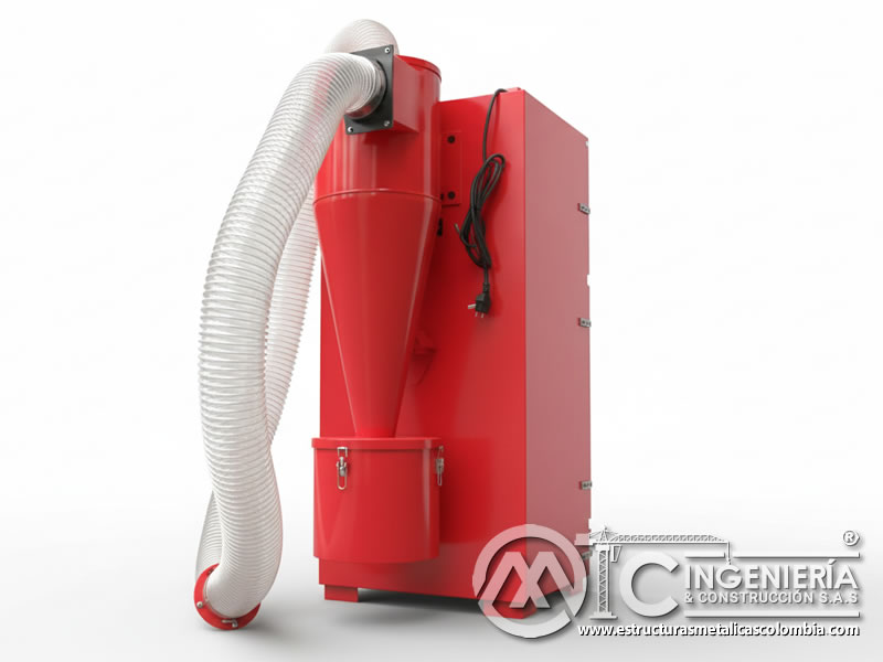 Colector de polvo portátil rojo con tolva y manguera flexible en Bogotá, Colombia. Montajes, Ingeniería y Construcción. MIC SAS.