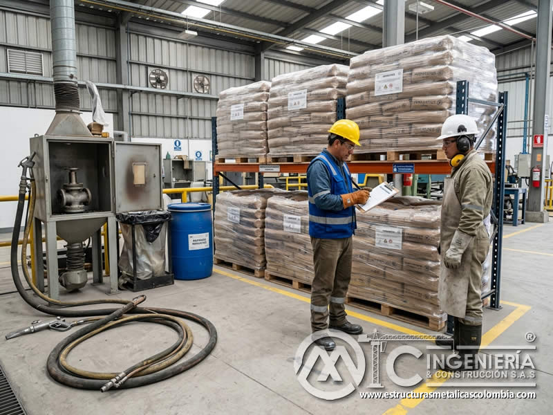 Almacenamiento normativo de abrasivos para sandblasting en Bogotá, Colombia. Montajes, Ingeniería y Construcción. MIC SAS.