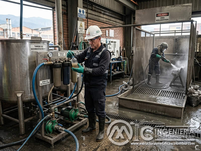 Manejo regulado de agua en limpieza abrasiva en Bogotá, Colombia. Montajes, Ingeniería y Construcción. MIC SAS.