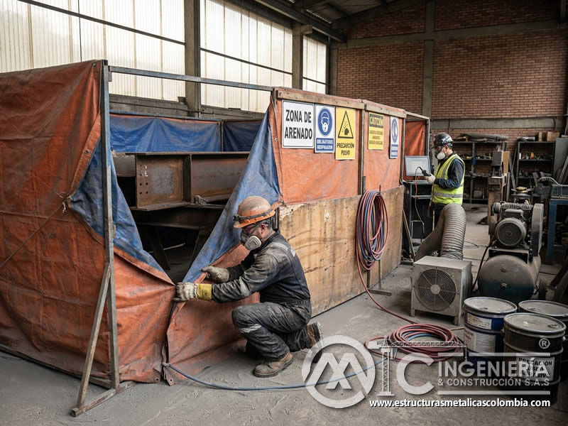 Barrera de confinamiento de polvo en área de sandblasting en Bogotá, Colombia. Montajes, Ingeniería y Construcción. MIC SAS.