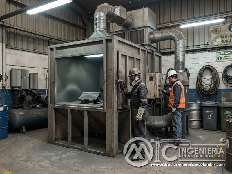 Cabina de sandblasting para control de partículas ambientales en Bogotá, Colombia. Montajes, Ingeniería y Construcción. MIC SAS.